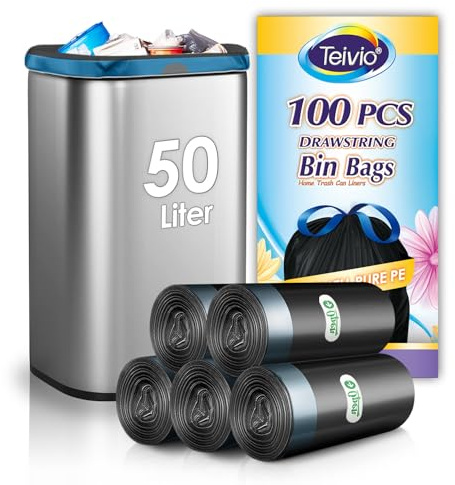 Teivio 50 Liter Bin Liners with Tie Tap, 100 Counts 13 Gallon Strong Swing Bin Bags with Drawstring Handle, Waste Bin Bags for Home Office Kitchen Bathroom Bedroom, Black Rubbish Bags