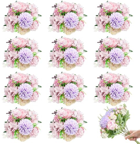 LYCN 12 Bundles Artificial Peony Flowers, Silk Flowers Faux Peonies Fake Hydrangea Artificial Bouquet with Stems for Wedding Party Table Floral Decoration Vase Home Decor (Light Purple