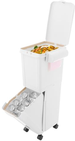 Cubo de basura estrecho de 32 l con ruedas, 24 x 36 x 78,5 cm, de polipropileno blanco, con 4 ruedas universales y separación de residuos, cubo de basura ergonómico de 32 l, para espacios de cocina
