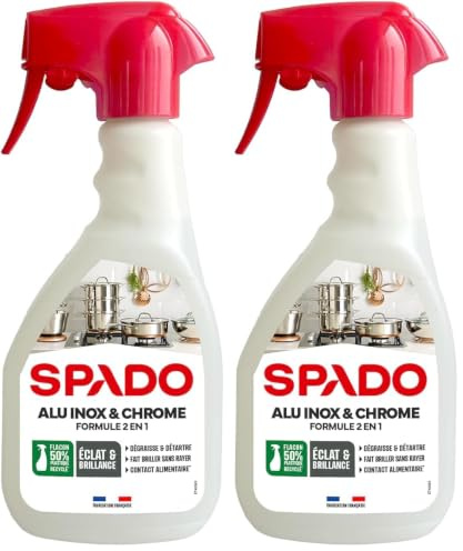 SPADO - Alu inox chrome - Formule 2 en 1 - Dégraisse et détartre - Fait briller sans rayer - contact alimentaire - 500 ML - Fabriqué en France (Lot de 2)