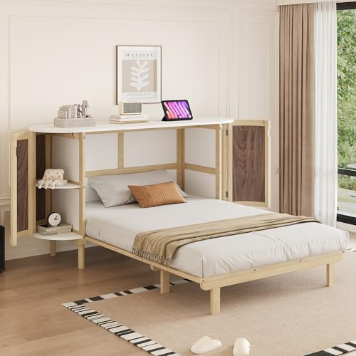 Kebnor Schrankbett 140 x 200 cm, Wandbett mit Lattenrost, Wandklappbett, vertikales schrankbett mit Lattenrost, mit Staufächern, Rattan-Design, Holzbetten, Jugendbetten, Einzelbetten (Holzfarbe)