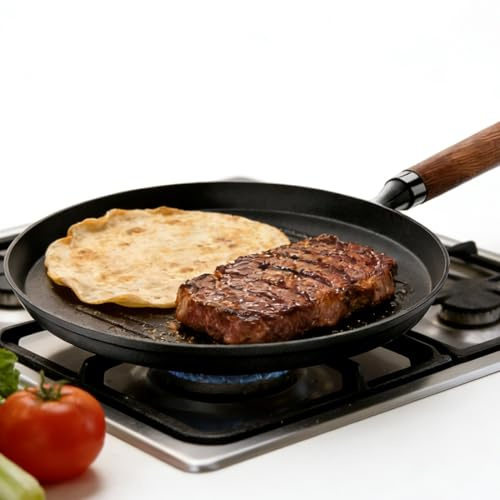 Padella in ghisa per pancake e crepes con manico termoresistente, padella piatta e piastra rotonda per una cottura versatile - Forno, fornello, grill, fuoco da campo(20cm)
