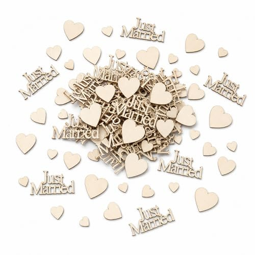 Bolosa Wooden Wedding Confetti, Wedding Table Decorations, 80 Pcs Just Married Confetti & Wooden Hearts, Rustic Wedding Decorations for Reception, Favour Bags, Engagement & Proposal Party