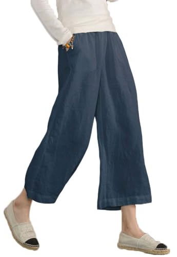 ECUPPER Ladies Plus Size High Waisted Cotton Pants Relaxed Wide Leg Cropped Leisure Trousers Dark Blue 4XL