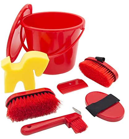 PFIFF 102361 Putzset, verschließbarer Putzeimer gefüllt, Putzbox Pferdepflege, Rot