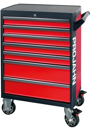 Projahn Werkstattwagen GALAXY mit 198-teiliger Bestückung, Werkzeugwagen mit 7 Schubladen, Werkstattschrank mit 4 Rollen, Rot/Anthrazit, abschließbar 5501-122