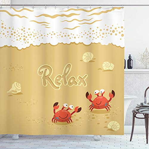 ABAKUHAUS Krabben Duschvorhang, Karte mit Krabben Meer, Stoffliches Gewebe Badezimmerdekorationsset mit Haken, 175 x 220 cm, Sand Braun und Weiß