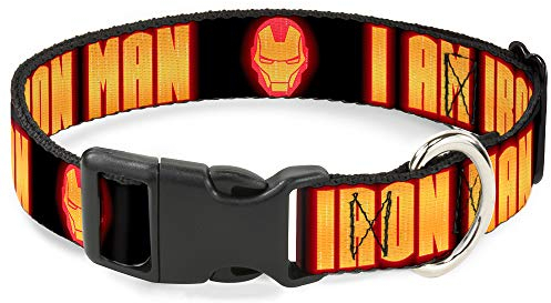 Buckle-Down Hundehalsband, Kunststoffclip, Iron Man Face I Am Iron Man, Schwarz/Gelb, Leuchtend, 40,6 bis 58,9 cm, 3,8 cm breit