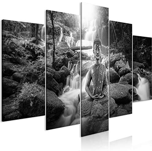 B&D XXL - Wandbilder XXL Buddha 200x100cm 5 tlg - Wand Deko Leinwand Bilder Groß Wanddeko Wohnzimmer Schlafzimmer Kunstdrucke - Wasserfall Zen Feng Shui grau p-C-0034-b-p