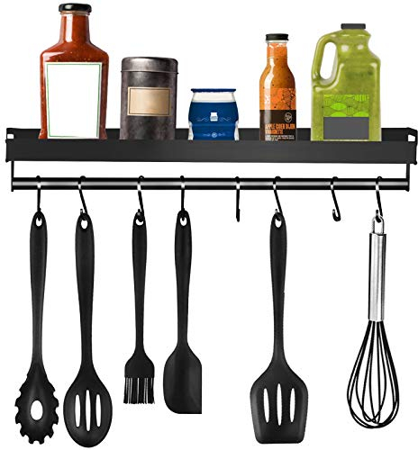 TOPSEAS Mensola per spezie, mensola da cucina a parete, senza foratura, porta spezie con 8 ganci rimovibili, può posizionare spezie, appendere spatole, cucchiai e altri utensili da cucina