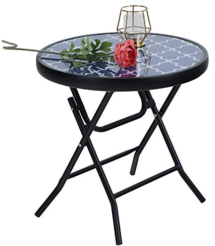 PHIVILLA Klappbar Runder Beistelltisch Glas aus Metall Gartentisch Kaffeetisch Klein Balkontisch wetterfest pflegeleicht für Balkon Garten Terrasse Wohnzimmer