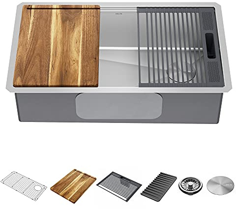 DELTA FAUCET 95B932-32S-SS Lorelai Workstation Kitchen Sink Undermount Stainless Steel Single Bowl with WorkFlow Ledge and Chef’s Kit of 6 Accessories
