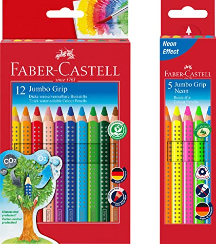 Faber-Castell 110912 - Farbstift Jumbo Grip Kartonetui 12er + 5er Etui Jumbo Grip Neonfarben
