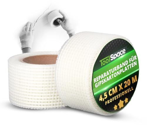 ToolSpace Cinta Fibra Vidrio Autoadhesiva Para Pladur Y Escayola 4,5 Cm X 20 M Para Reparar Grietas Y Agujeros En Paredes Y Techos, Rollo De Malla Fina Para Juntas, Esquinas Y Acabados Precisos En
