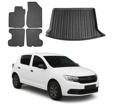 OMAC Fußmatten Kofferraumwanne für Dacia Sandero 2012-2024 Gummi 5X Schwarz | inkl. Kofferraumwanne (Satz), Gummimatten, Automatten, Allwetter, Antirutsch, fahrzeugspezifisches Produkt, wasserdicht