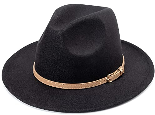 DRESHOW Sombrero de ala ancha Fedora para mujer Hebilla de cinturón Retro Panamá Floppy Hat