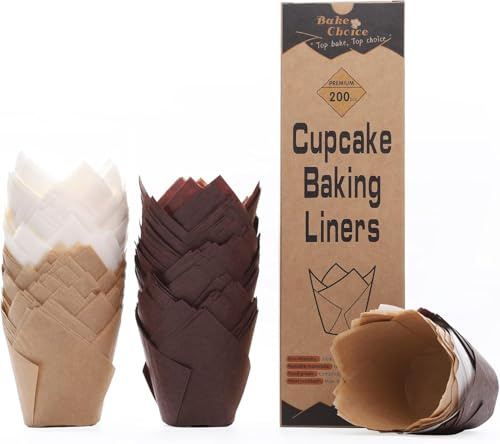 Bake Choice Nordic Paper 200pcs Tulip Cupcake Liners for Baking Cups EU Parchment paper Standard Size Tulip Muffin Liners, Cupcake Wrapper, Brown, White, Unbleached Natural for Party, Christmas