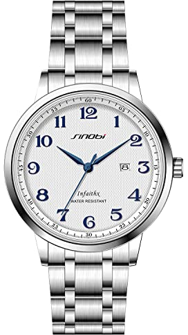 SINOBI Classique Affaires Montres pour Hommes Chiffres Arabes Easy Reader Montres de Poignet pour Hommes avec Calendrier Date Résistant à l'eau (Silver-Blue- Steel Band)