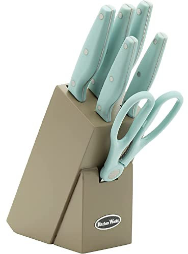BAKAJI Ceppo Portacoltelli, Set da Cucina 7 Pezzi con 5 Coltelli, Forbici e Supporto Blocco Verticale in Plastica Beige, Design Semplice, Manici Ergonomici Presa Sicura Tiffany, Organizer Idea Regalo