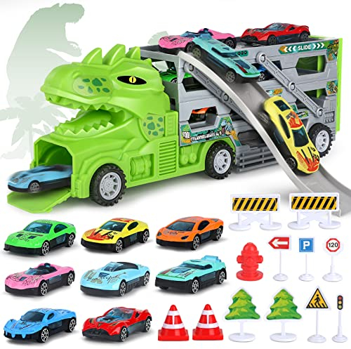 Aoskie Autotransporter Spielzeug für 3 4 5 Jahre, Dinosaurier Rampen LKW für Jungen mit 8 Mini Autos 1 Straßenkarte Zubehör Geschenkset für Kinder
