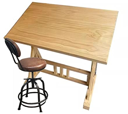 AGYHAM Vintage-Zeichentisch aus massivem Kiefernholz, Kunst- und Bastelarbeitsplatz, Verstellbarer Winkel, für Künstler, mit Hocker (135x85x96cm)