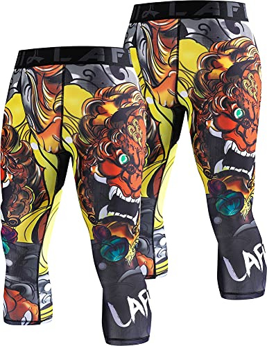 LAFROI Men's 2-Pack Compression Fit 3/4 Tights Leggings with Pcoket/Non-Pocket-YSK10 Lion Dance Size XL