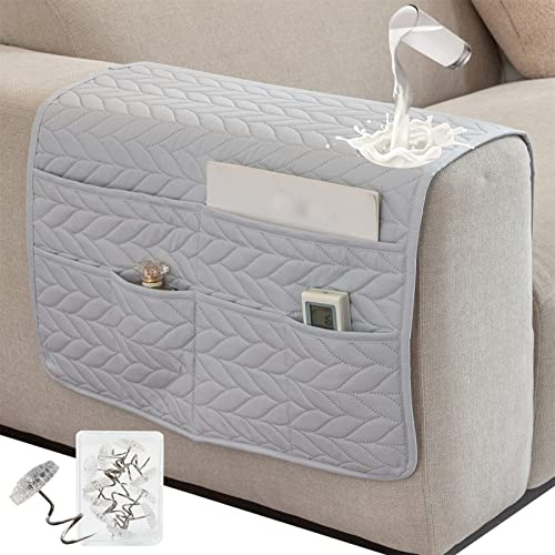 SHUOJIA Armlehnenbezüge,Armlehnenschoner Wasserdichter,mit 6 Taschen für Couch oder Sessel Bett Storage TV Fernbedienung Halterung (Light Grey)