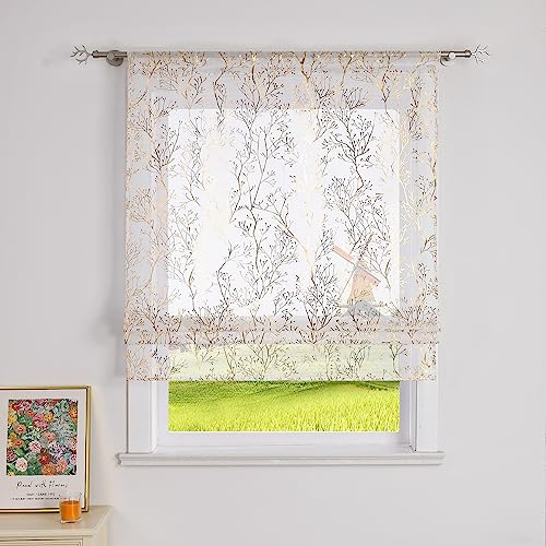 CORLIF Raffrollo mit Tunnelzug Zweige Muster Raffgardinen mit Heißprägemuster Rollos Gardinen Landhaus Küche Transparente Bändchenrollo Modern für Fenster BxH 100x140 cm 1 Stück,Gold