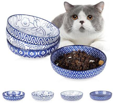 Selamica Katzennapf Flach, 240 ml Futternapf Katze 4er Set, Keramik Katzen Futternapf, Katzenteller, Katzenschüssel für Futter und Wasser, Vintage-Blau