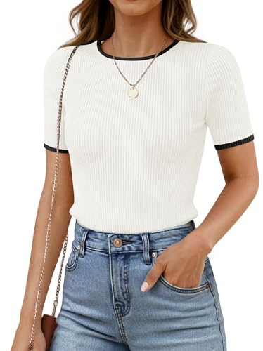 ZESICA Women's Summer Short Sleeve Ribbed Knit Slim Fit T Shirt 2025 Crewneck Basic Casual Color Block Tee Tops,White,Medium