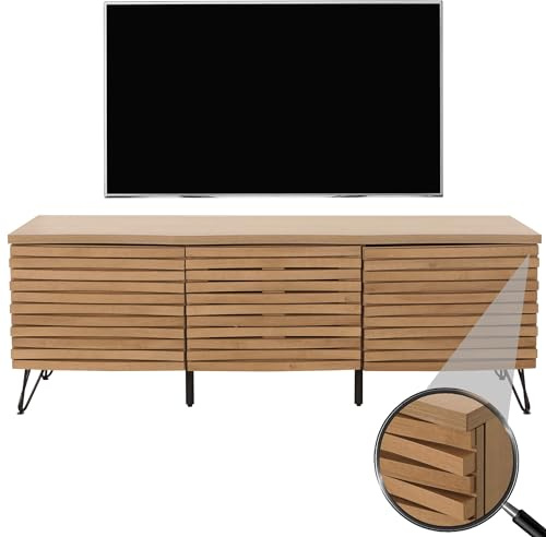 Mendler TV-Rack HWC-M49 MDF Metall 52x142x44cm - Natur | Lowboard, TV-Schrank, 3D-Design, Staufächer