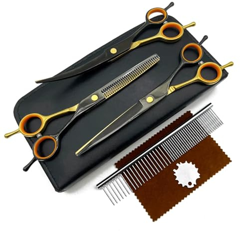 Fellschere Hundeschere professionelles Hundepflege-Scherenset Hundeschere Tierpflege-Schere mit Gebogene/Gerade/Ausdünnungsschere/Kamm (Schwarz+Gelb)