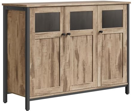 VASAGLE Sideboard, Küchenschrank, Aufbewahrungsschrank, mit Glastüren, für Wohnzimmer, Küche, Esszimmer, Stahlrahmen, Industriestil, Kamelbraun-tintenschwarz LSC099K02