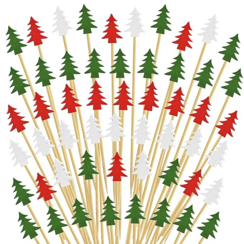 VITEVER 100 Stück Weihnachtsbaum Cocktailspieße, Hölzerne Cocktail Zahnstocher, Weihnachtsparty Cocktail Picks, Weihnachts Cocktail Sticks für Weihnachtsfeier Essen & Trinken Dekoration