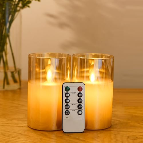 FiiMoo Pack de 2 LED Velas, LED Velas Vidrio Marrón, Velas de a Pilas, Vela LED Efecto Llama, LED Velas con Mando a Distancia y Temporizador, Para Navidad, Pascua, Fiestas, Bodas, Cumpleaños-15cm