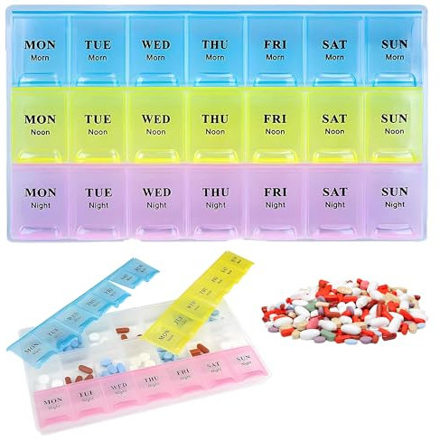 Trimming Shop Weekly 3 Times a Day Pill Box Organiser, Tablet Organiser Dispenser for Weekly Medicine Storage Box, BPA Free Medication Organizer Compartments to Hold Vitamin, Fish Oil & Medication