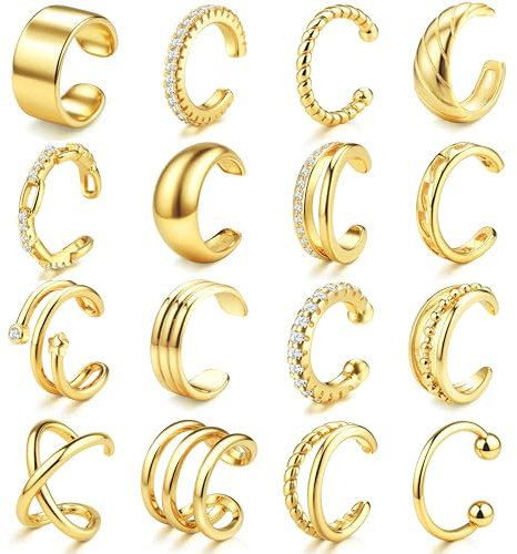 JeweBella Faux Piercing Oreille Ear Cuff Réglables Manchette Oreille Femme Or/Argent Non Piercing Faux Helix Cartilage Boucles d'Oreilles Clip 14K Plaqué Or Boucle Oreille Sans Trou