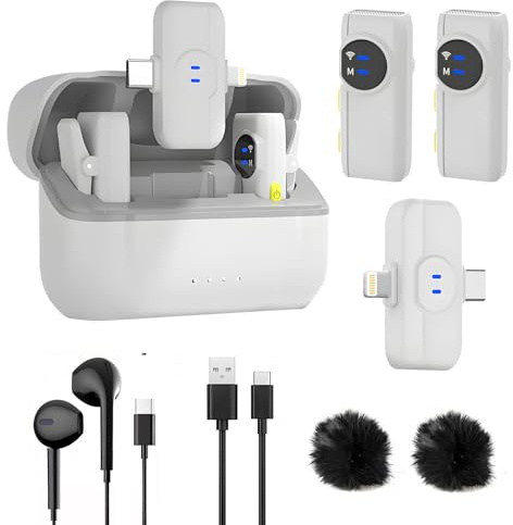 HZBWCO Kabelloses Lavalier-Mikrofon für iPhone, USB-C Mikrofon(2 in 1), KI-Rauschunterdrückung, mini Mikrofon für Vlogging, Video, Podcast, Interview, TikTok,YouTube - Weiß (2 TX + 1 RX + Ladekoffer)