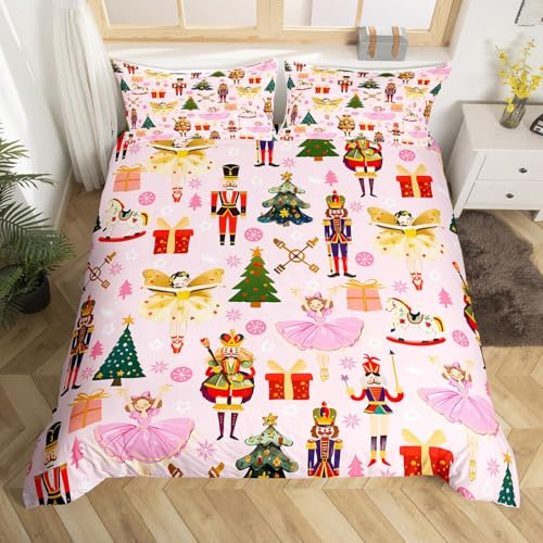Homemissing Pink Nutcracker Bedding Set Single Size Kids Merry Christmas Comforter Cover Set Royal Guarder Princess Snowflake Duvet Cover Christmas Tree Bedspread Cover Room Decor Quilt Cover