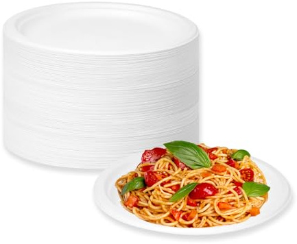 LDFDRT Assiettes Jetables 100 pcs Bagasse De Canne à Sucre Assiettes En Carton Papier Jetables Pour Pique-Niques, Fêtes, Barbecues, Anniversaires (Weiß, 15,2cm)