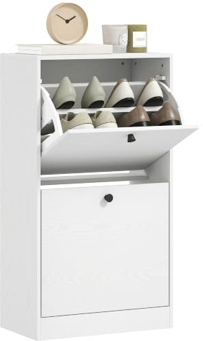 HOMCOM Zapatero Estrecho con 2 Puertas 8 Pares 47x26x85 cm Blanco Veteado | Zapatero Entrada Recibidor, con Estantes Ajustables