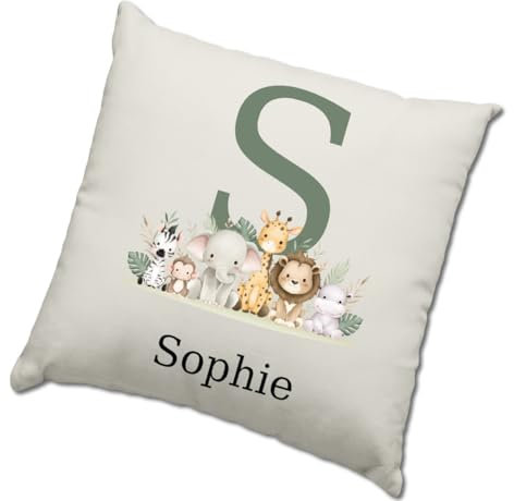 HotScamp Jungle Themed Cushion Cover - Personalised Nursery Bedroom Animal Scatter Cushion Home Accessory Pillow Newborn Baby Child's Kids Room - Name Under Initial Natural Canvas 40x40cm