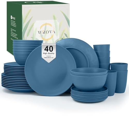 Wrova Dinner Sets 40 PCS Plastic Dinnerware Set | Plate and Bowls Sets | Service for 8 | Unbreakable Dish Sets Microwave Safe Dinner Plates, Cereal Bowls, Drinking Glasses for Camping, RV - Blue