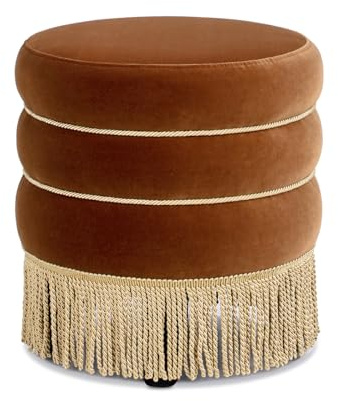 Jennifer Taylor Home Edward 17.5 Round Upholstered Ottoman with Bullion Fringe in Burnt Orange Performance Velvet