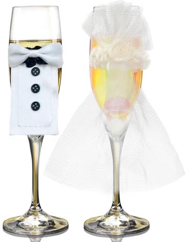 LUMOOM Set di 4 bicchieri da champagne per matrimonio con sposi e sposi, decorazione per coppia di sposi, decorazioni per bottiglie di vino, per matrimonio, decorazione da tavolo