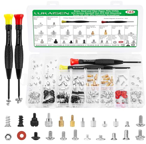 165PCS Computer Screw Kit for Laptop & PC Repair - PCIe NVMe M.2 Screws Standoff Nut ATX SSD Mounting Screw Kit with Magnetic Screwdriver Set | Carbon Steel Nickel Plated M2/M3/#6-32 Hardware