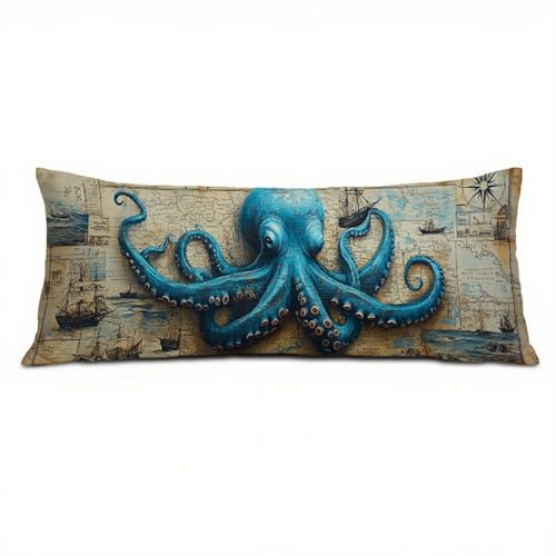 Federe Cuscino Letto 50 x 150 cm, Cuscini per Divano in Lino Cotone Morbida e Traspirante, Blu Copricuscino Letto con Cerniera Invisibile Federe Cuscini per Decorativi Camera da Soggiorno Polpo Q-16