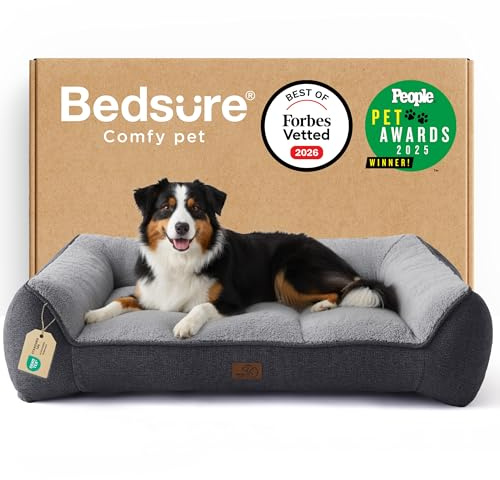BEDSURE waschbares Hundebett Grosse Hunde - 114x81x24cm extra Dicke unterstützende Hundesofa mit wasserdichter Hülle, rutschfest Hundekorb große mit weichem plüsch Sherpa,dunkelgrau | druckentlastendes Hundesofa mit wasserdichter & wasschbarer Hülle, rutschfestes Bett mit weichem Sherpa-Plüsch, dunkelgrau