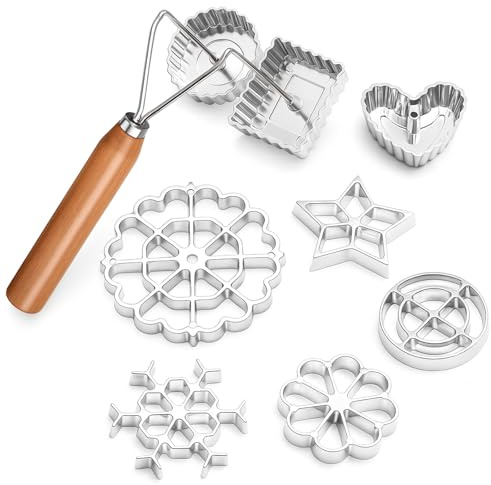 Zhehao 9 Piece Rosette Iron Mold Set with Double Headed Handle Bunuelos Molds with 8 Interchangeable Heads Timbale Cookie Mold Tool for Waffles Cakes Biscuits for Baking Cooking Kitchen