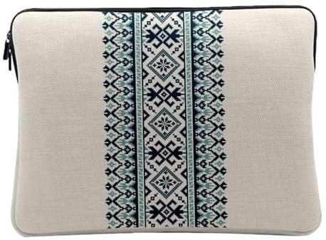 Housse Ordinateur et Tablette Aspect Lin - Motif Bleu Style Broderie Pixel Aztec Abstrait Tribal - 10 Pouces Pochette de Protection PC Portable Imprimé en France